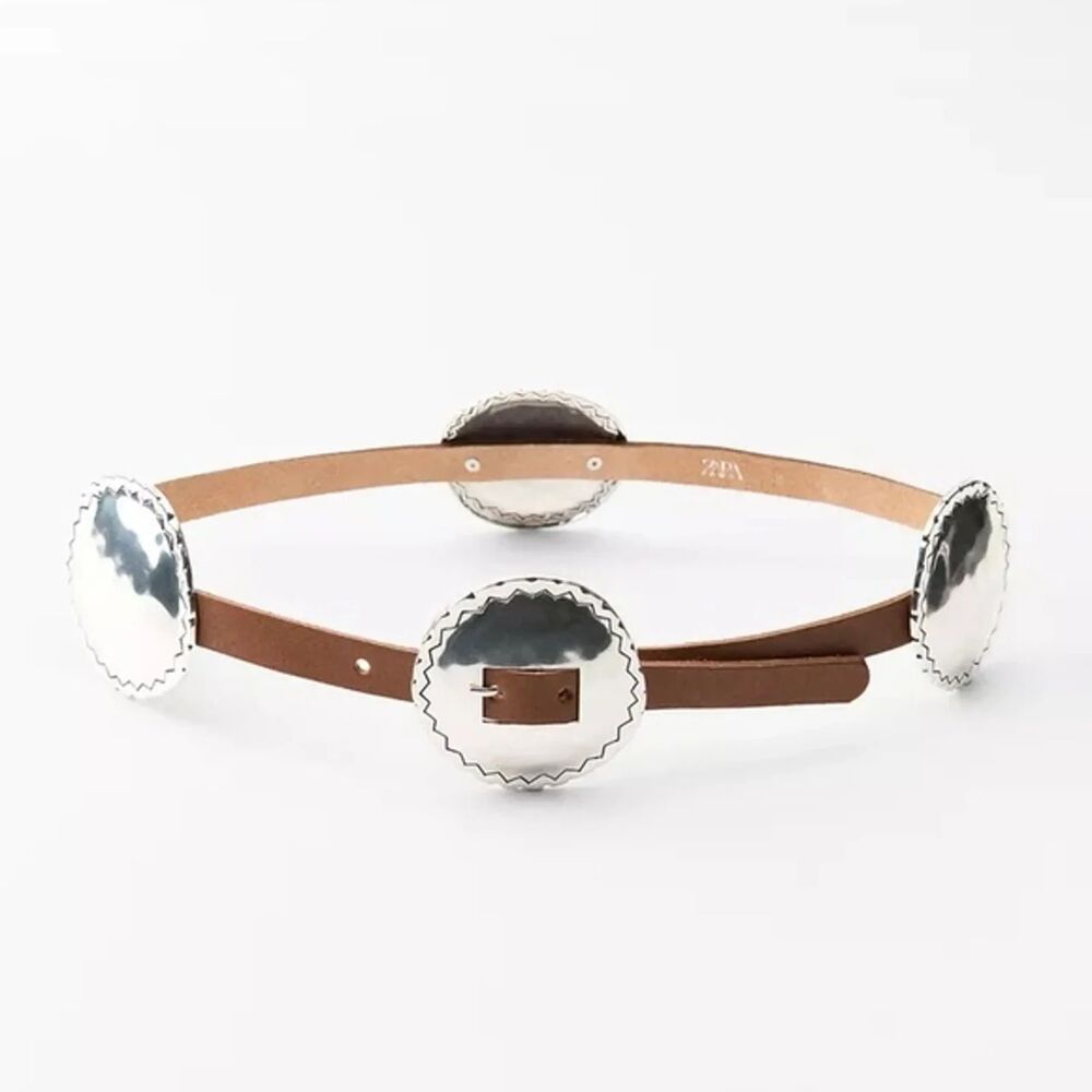 NWOT Zara Leather Concho Belt with Embossed Metal Buckles Size S